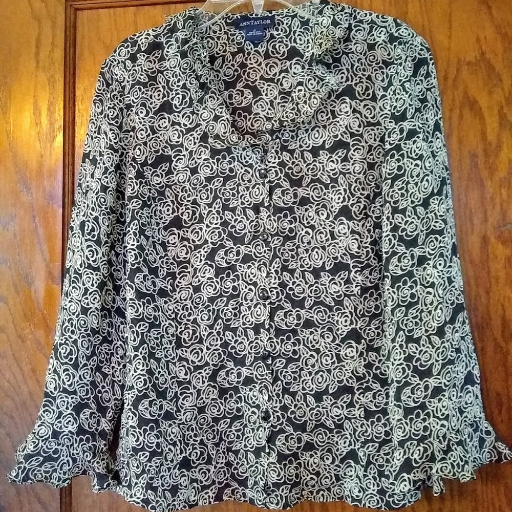Ann Taylor Black and White Silk Blouse